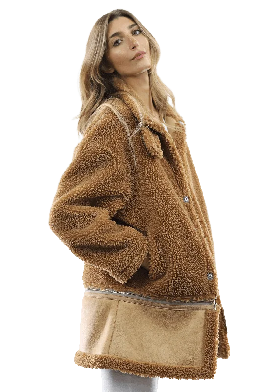 Faux Fur Coat with Zipper detail - Brown