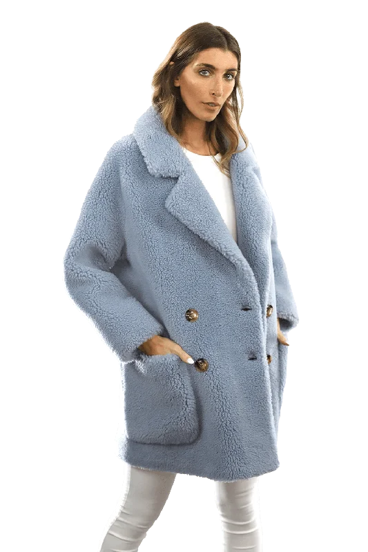 Faux Fur Teddy Coat with Pockets - Blue