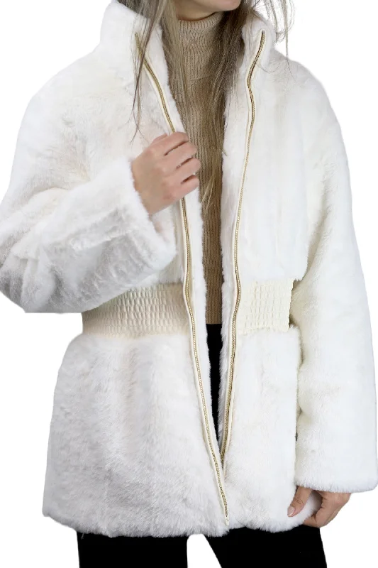 Plush Faux Fur Cinched Waist Jacket - Ivory