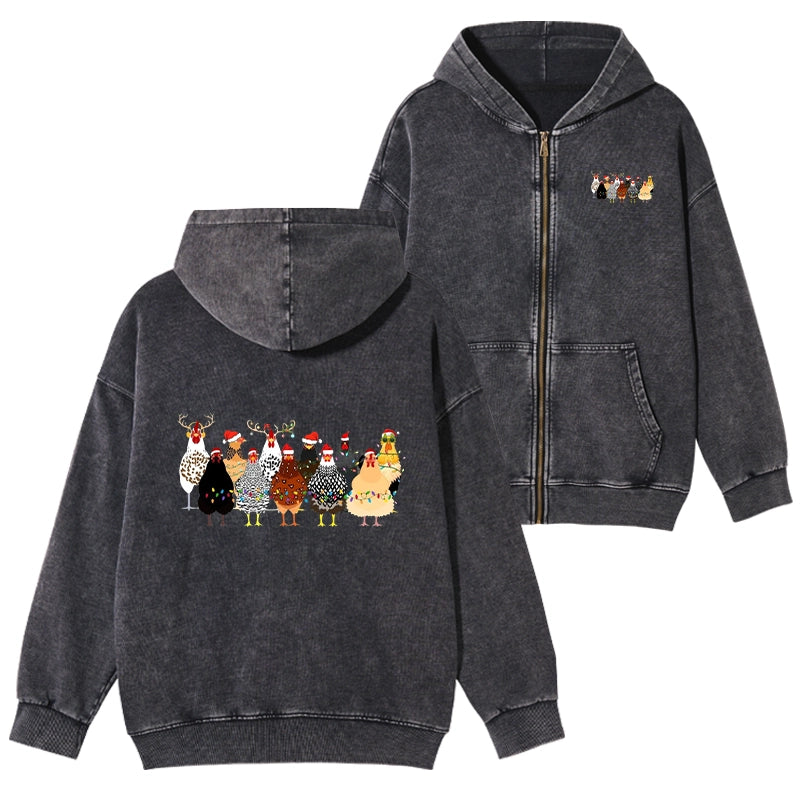 Tokyo-Tiger A Flock Of Christmas Chickens Washed Zip Hoodie