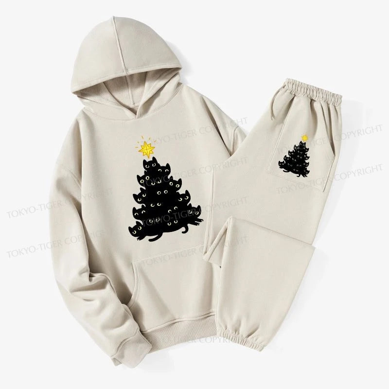 Tokyo-Tiger Black Cat Christmas Tree Fleece Lined Hoodie Set