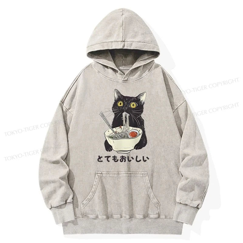 Tokyo-Tiger Cats Eat Ramen Noodles Washed Hoodie