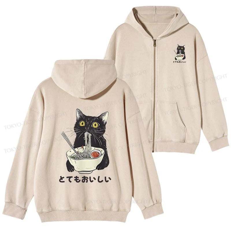 Tokyo-Tiger Cats Eat Ramen Noodles Washed Zip Hoodie