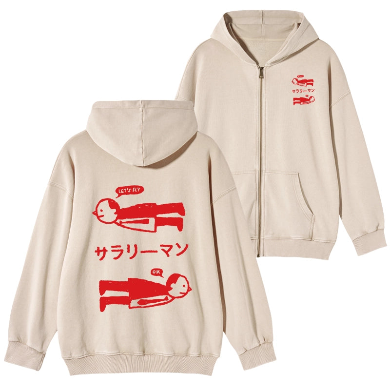 Tokyo-Tiger Let's Fly Office Worker Washed Zip Hoodie