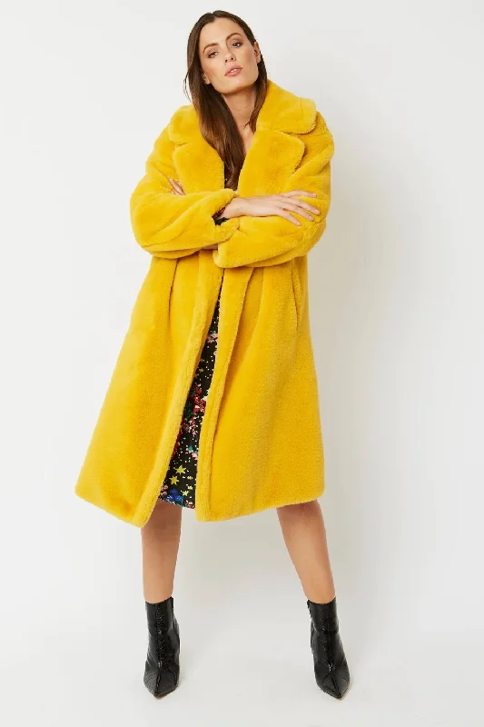 Yellow Faux Fur Midi Shaved Shearling Coat