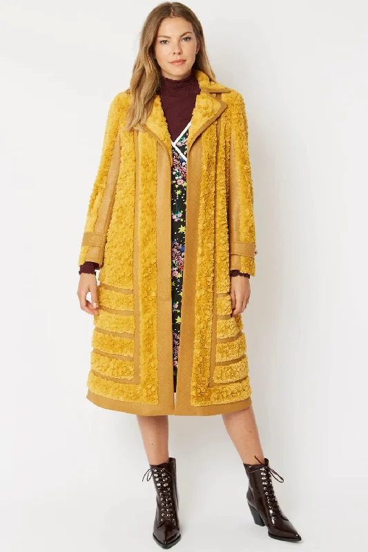 Yellow Faux Suede Trench Coat with Faux Fur Panelled