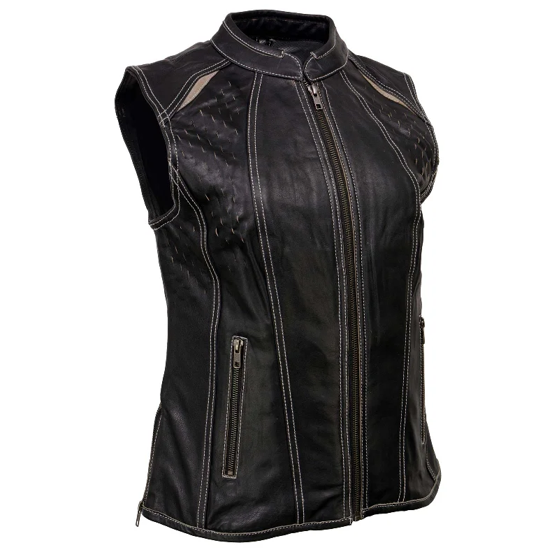 Milwaukee Leather MLL4507 Women's Black Leather Purple Accented Laser Cut Vented Scuba Style Motorcycle Rider Vest