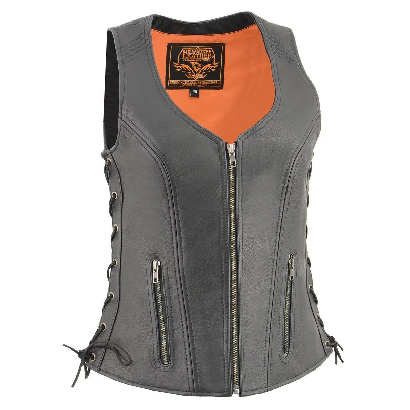 Milwaukee Leather MLL4532 Women's Black Cool-Tec Leather Open Neck Motorcycle Rider Vest w/ Side Lace