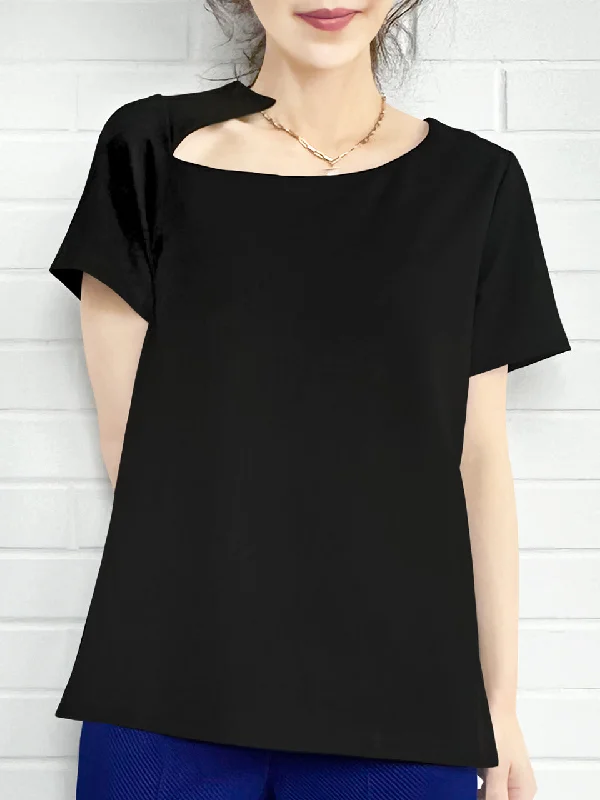 Black Cut Out Collar Structure Cotton Blend Tee