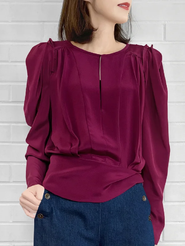 Last Chance! Merlot Retro Vibe Silky Statement Blouse