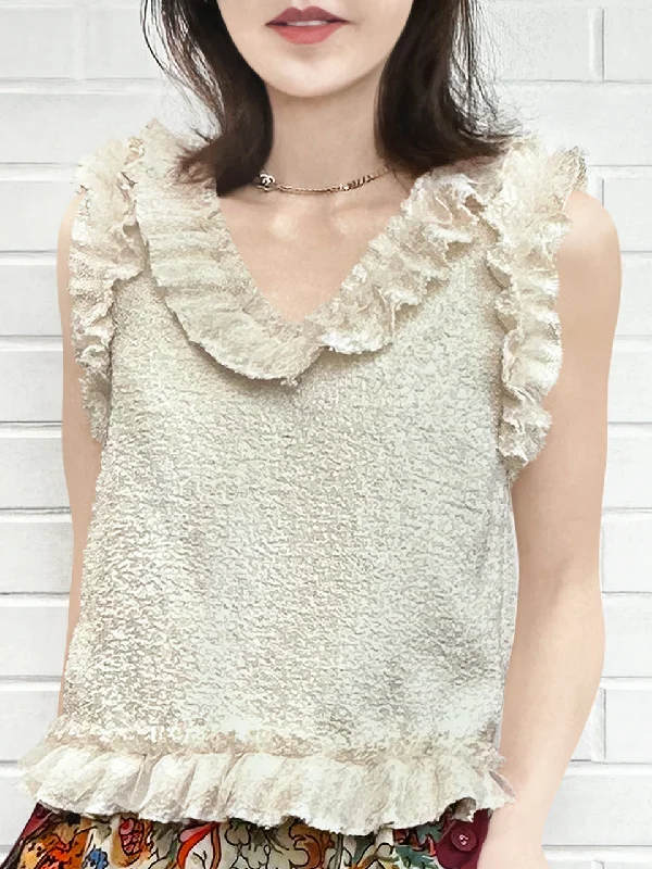 Gold Jacquard Layered Mesh Ruffle Sleeveless Top