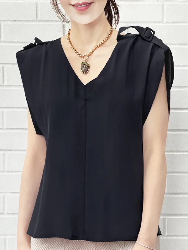 Surprise Sale! Midnight Silk V-neck Buckle Detail Roll Up Sleeve Blouse