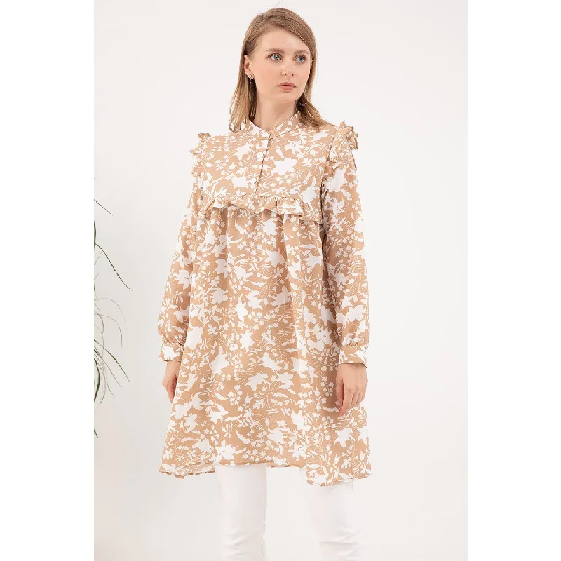 Beige Floral Patterned Tunic