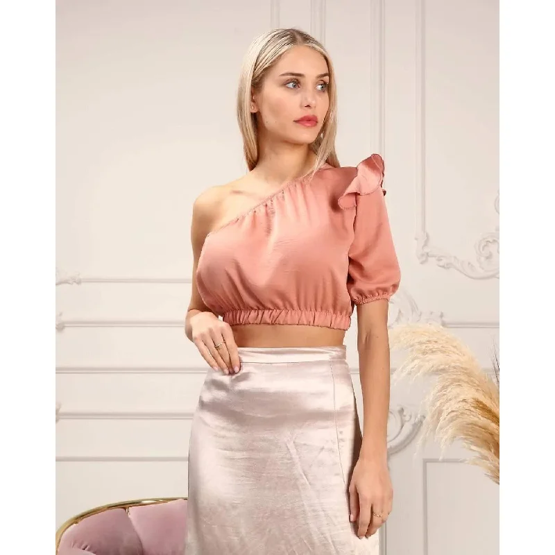 Peach One Shoulder Puff Sleeves Top