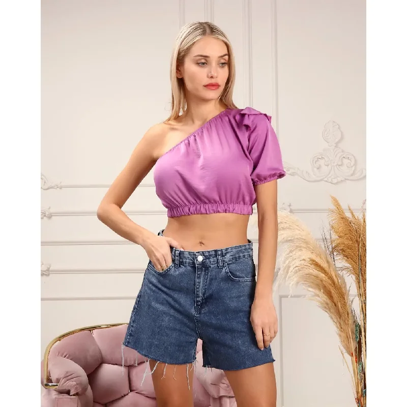 Purple One Shoulder Puff Sleeves Top