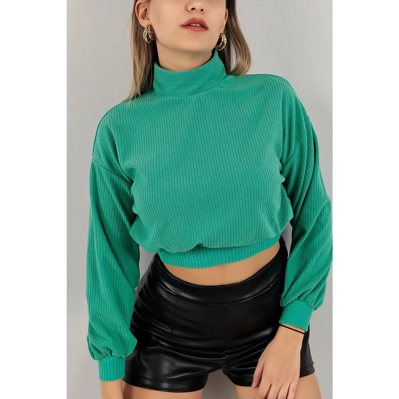 Green Ribbed Mock Neck Top