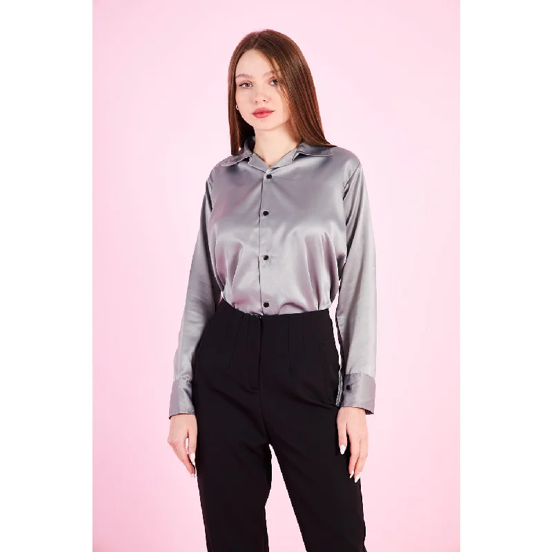 Grey Cuban Collar Satin Shirt