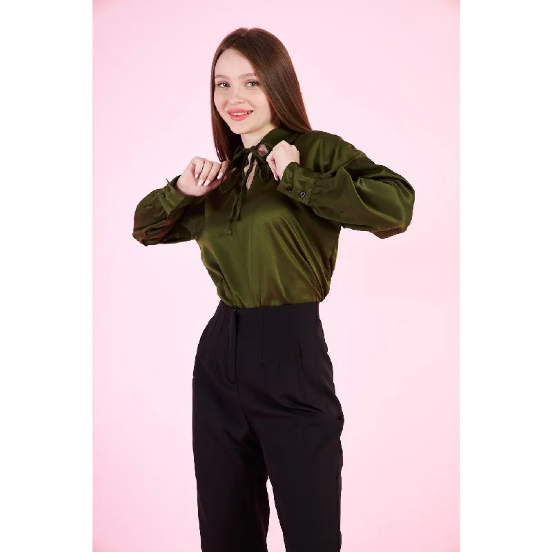 Olive Knotted Collar Satin Top