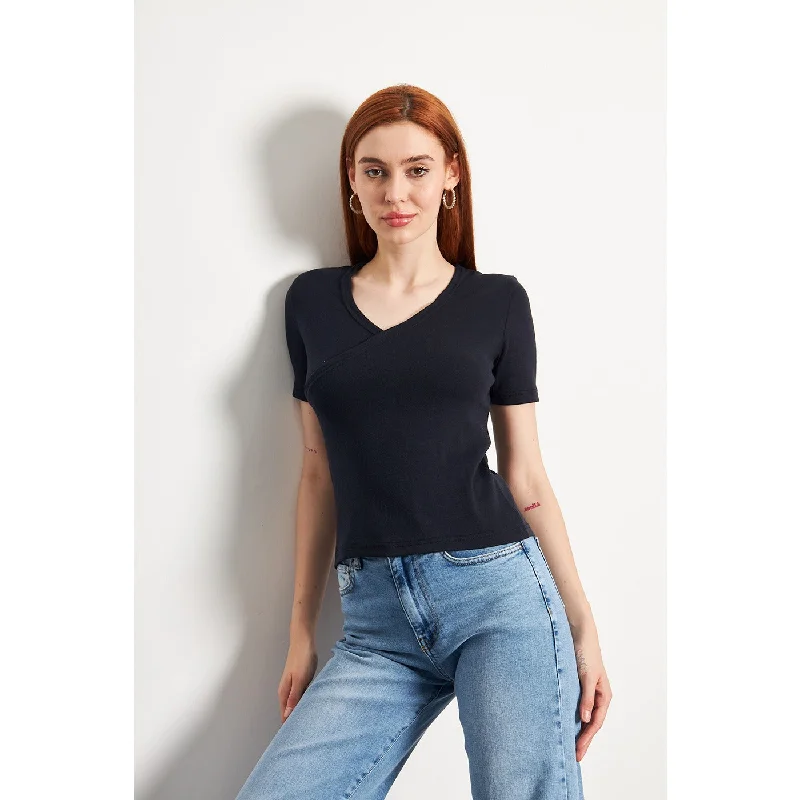 Navy Double Breasted Knit Top