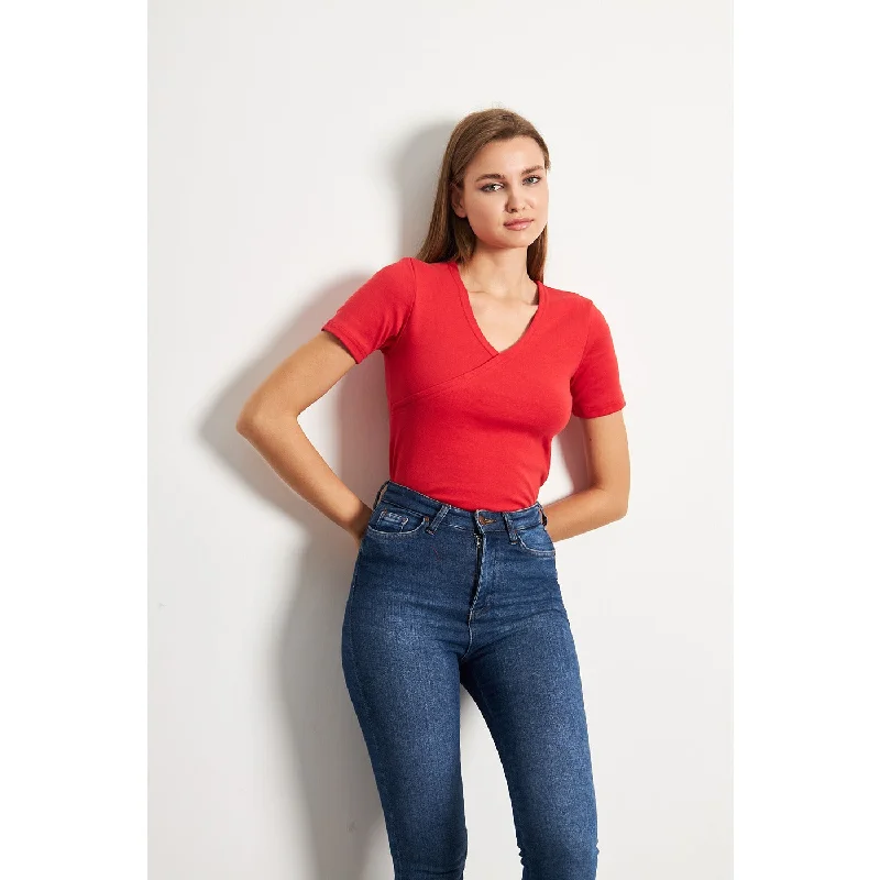 Red Double Breasted Knit Top