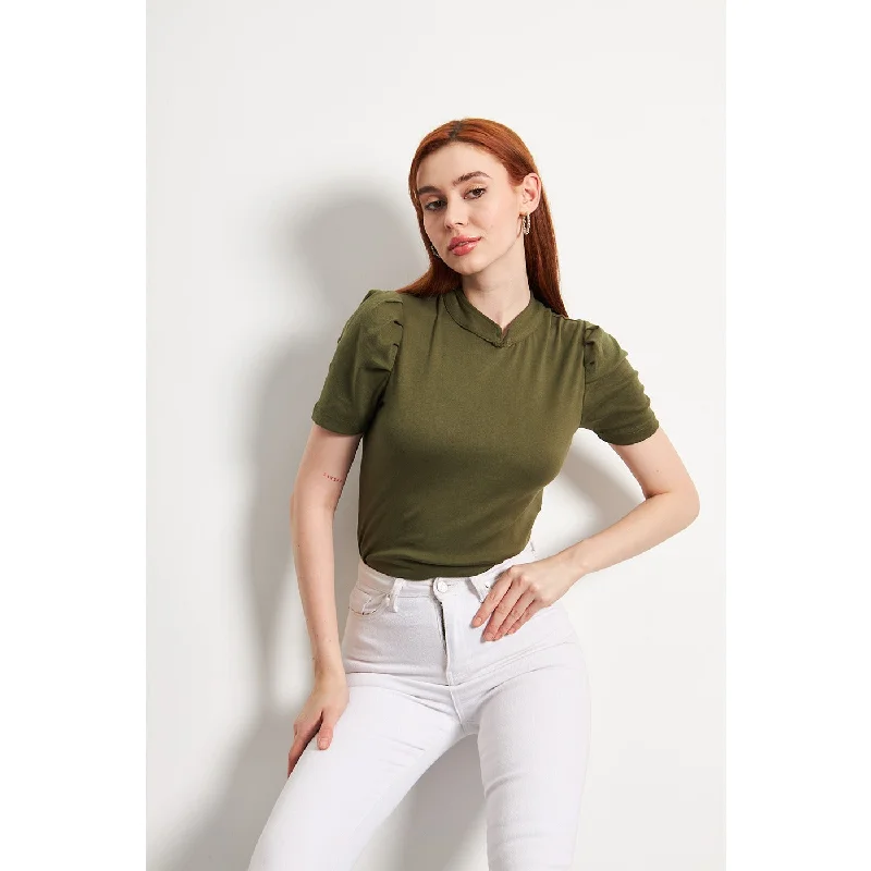 Olive Puff Sleeves Knit Top