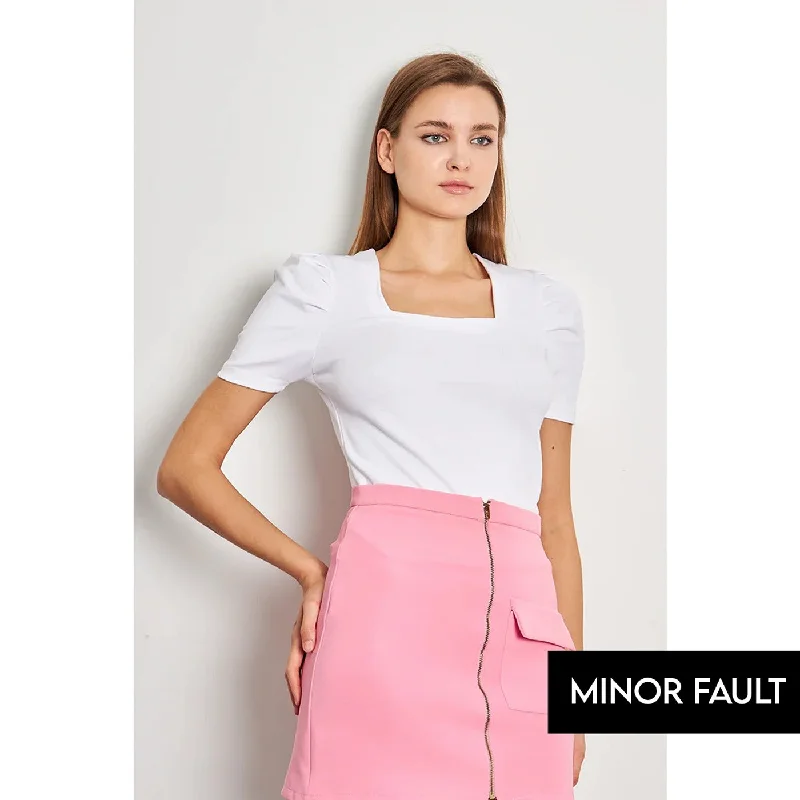 (Minor Fault) White Square Neck Puff Sleeves Top