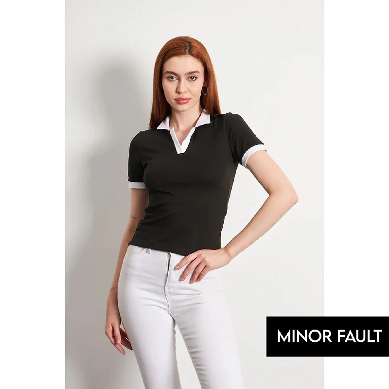 (Minor Fault) Black White Rib Knit Polo