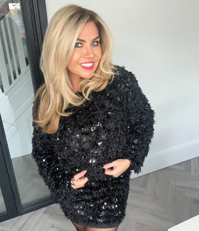 'Yaz' sequin trim fluffy top black