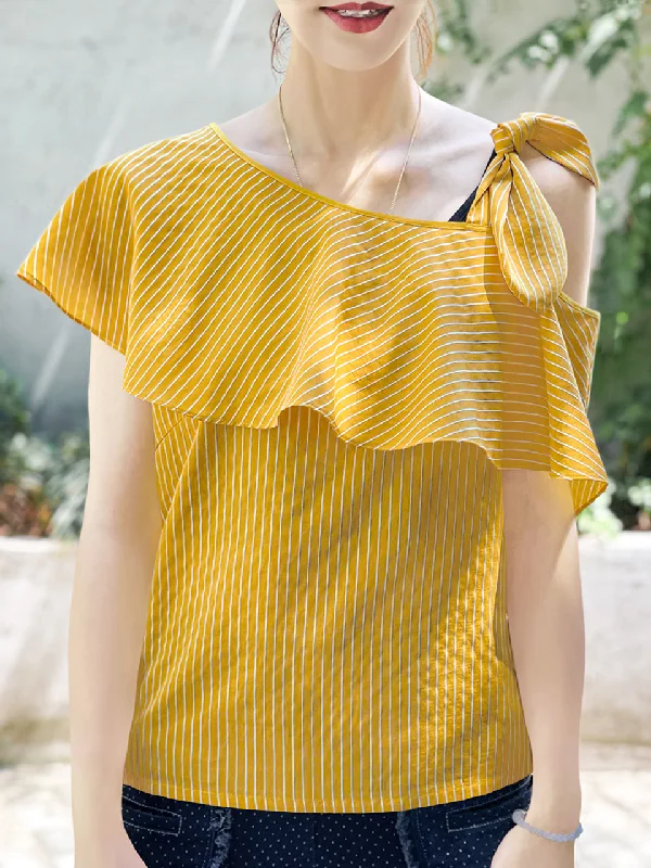 Last Chance! Yellow/ White Stripe Tie-bow One Shoulder Ruffle Top