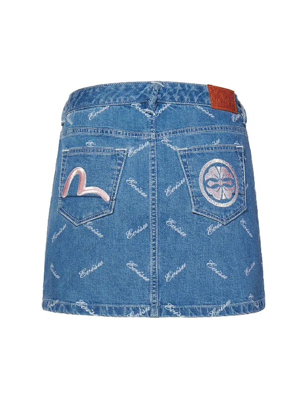 Allover Discharged Logo Print Denim Skirt