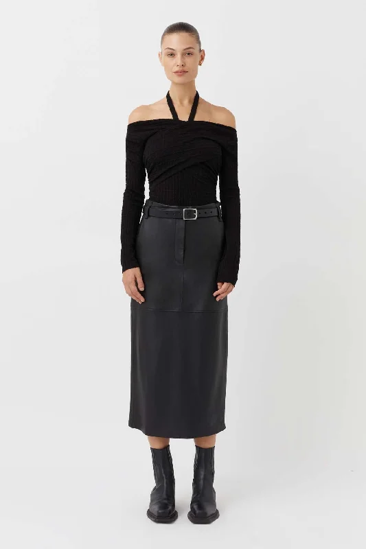 Panama Leather Midi Skirt - Black